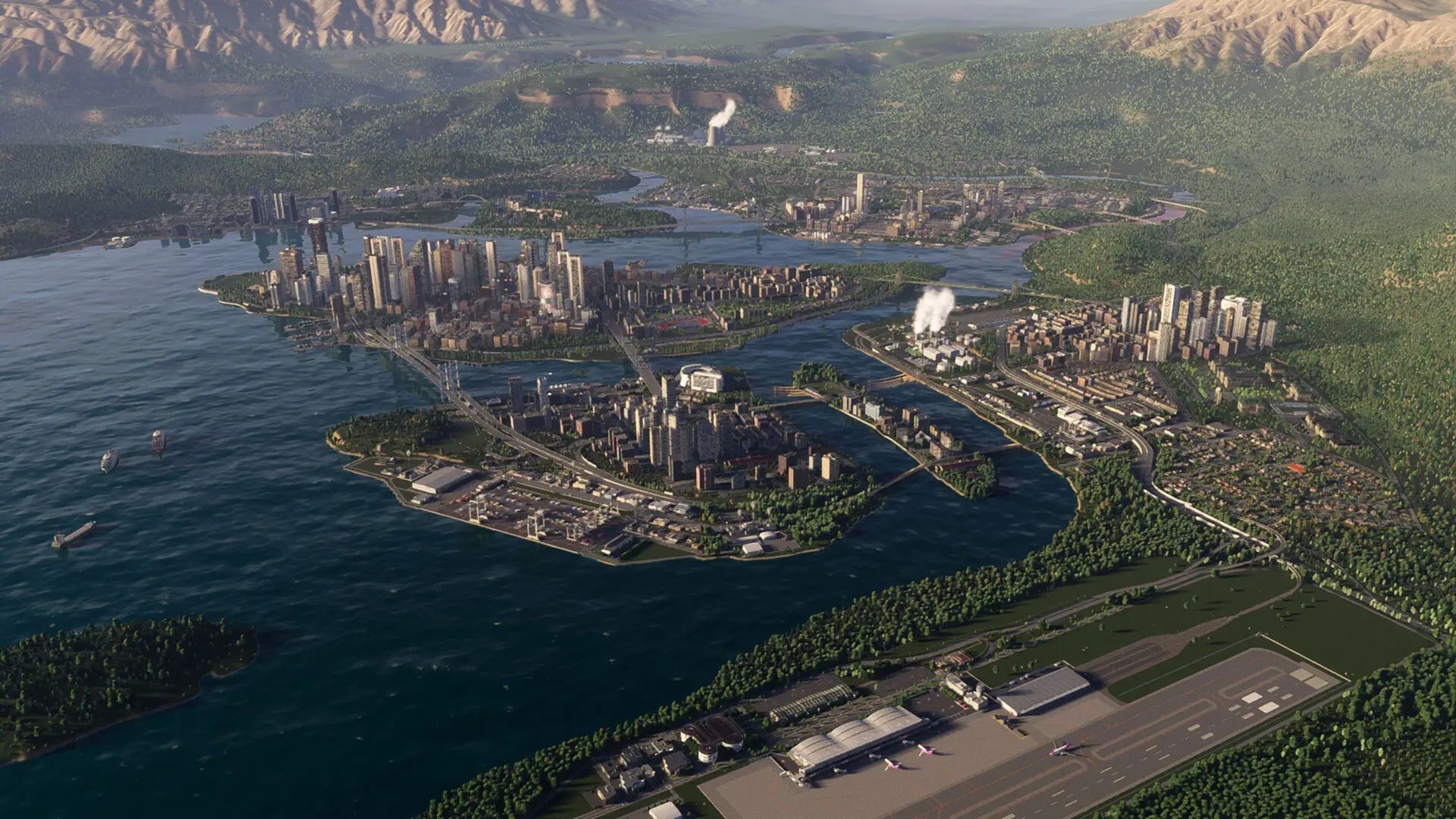 Captura de tela oficial de Cities: Skylines II com vista aérea de uma cidade