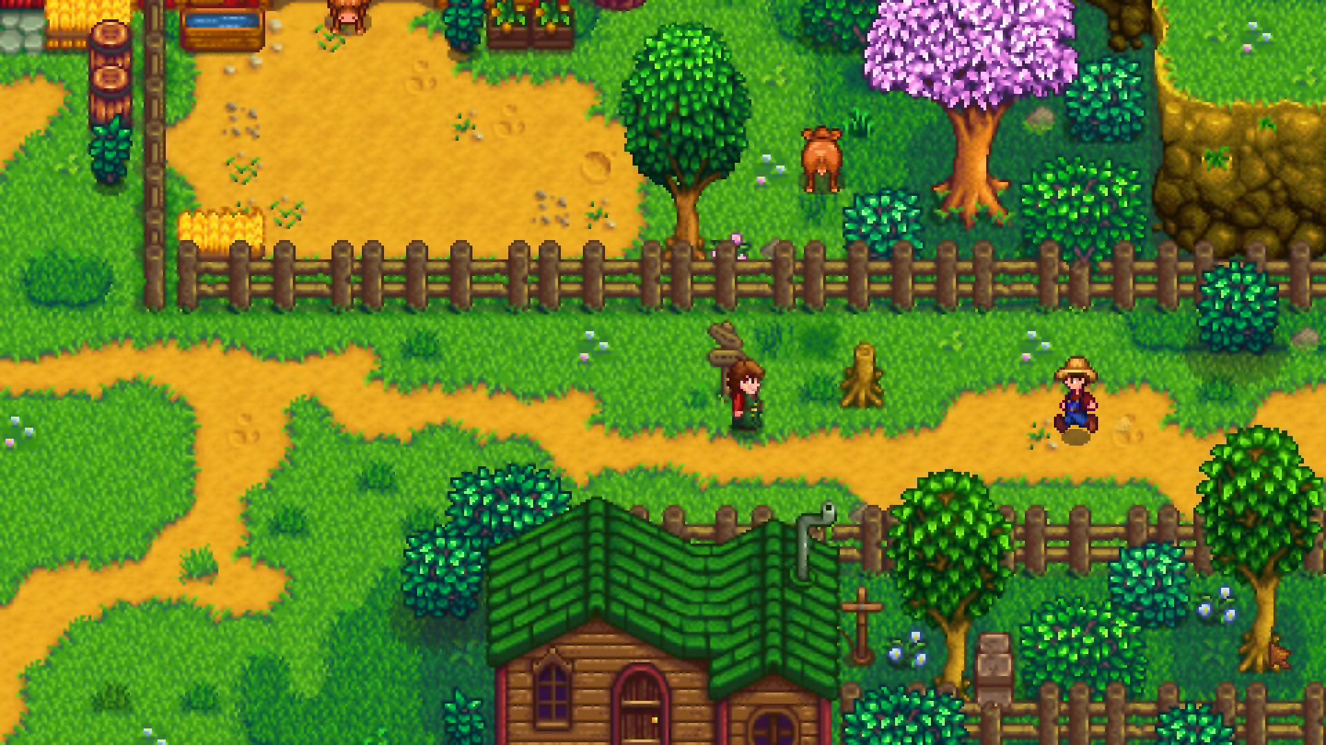 Captura de tela oficial de Stardew Valley com vários fazendeiros trabalhando juntos