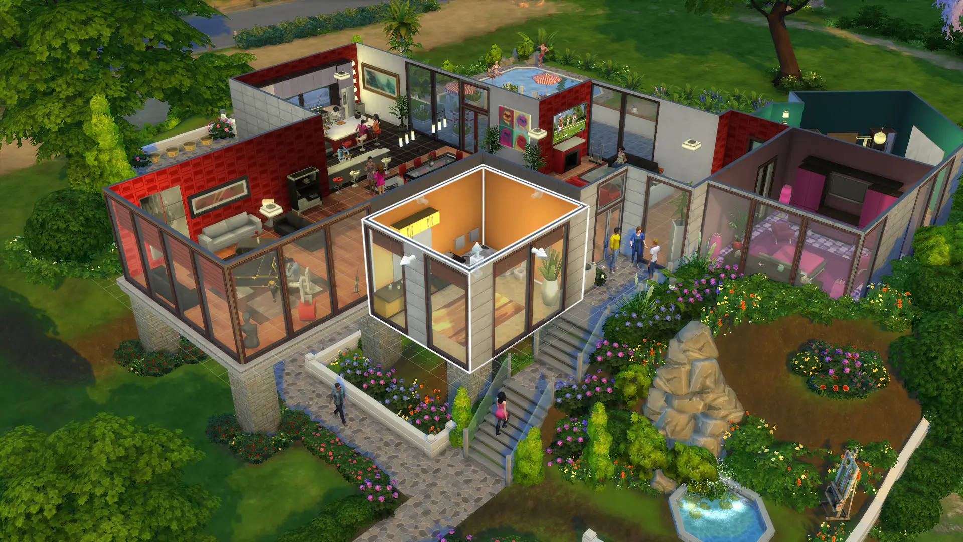 Captura de tela oficial de The Sims 4 mostrando Sims em um bairro